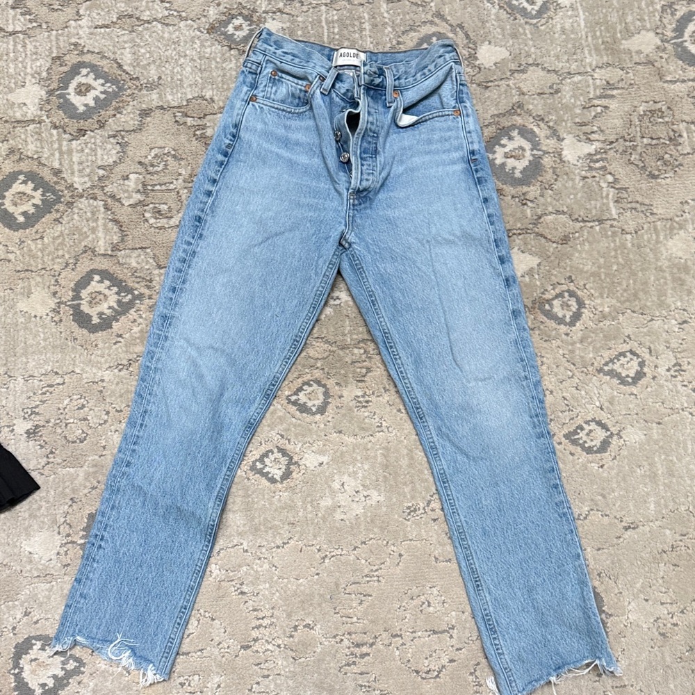 Agolde Light BlueJeans Riley High Rise Straight Crop frayedJeans